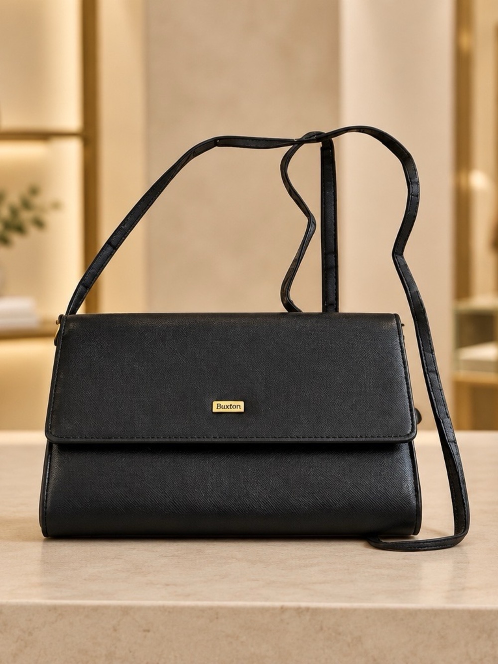 Buxton Black Crossbody Flap Bag with Gold Accent